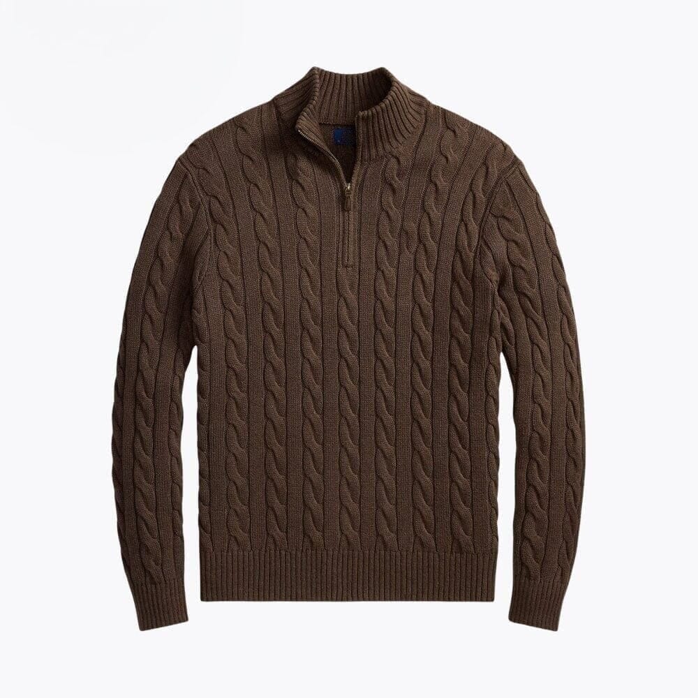 Chunky Knit Cotton-Sweater with Cable Knit and Quarter-Zipper