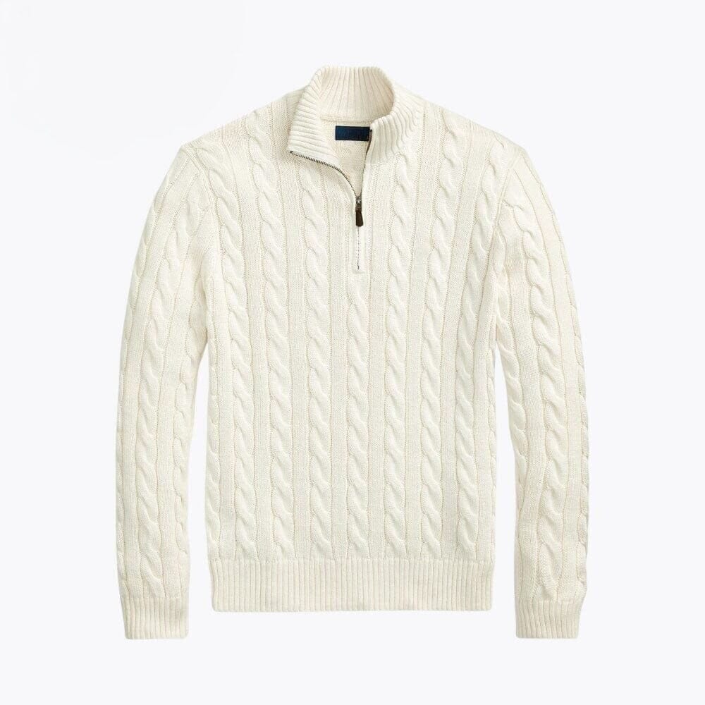 Chunky Knit Cotton-Sweater with Cable Knit and Quarter-Zipper