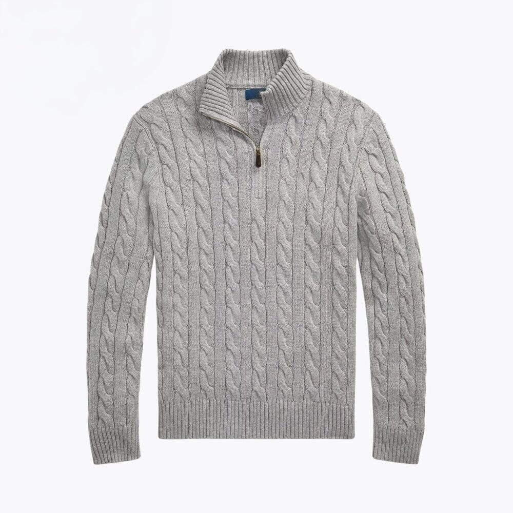 Chunky Knit Cotton-Sweater with Cable Knit and Quarter-Zipper