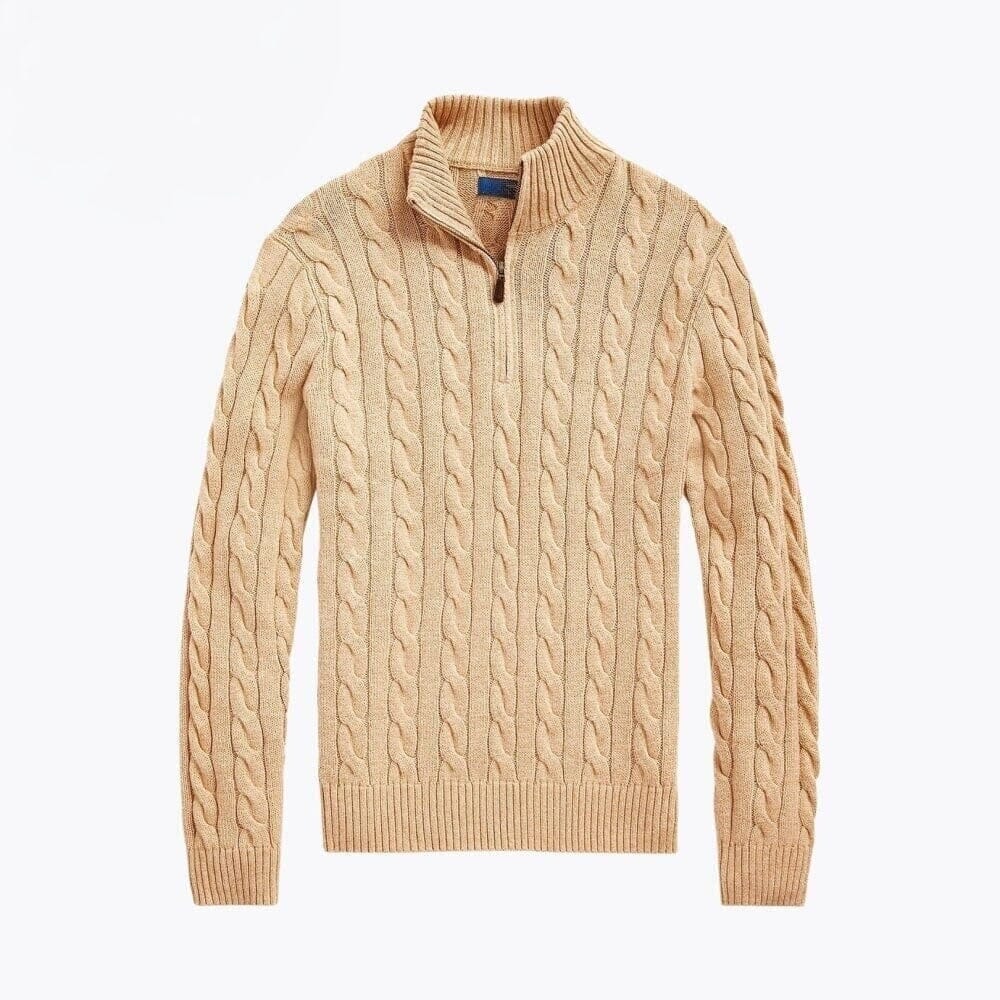 Chunky Knit Cotton-Sweater with Cable Knit and Quarter-Zipper
