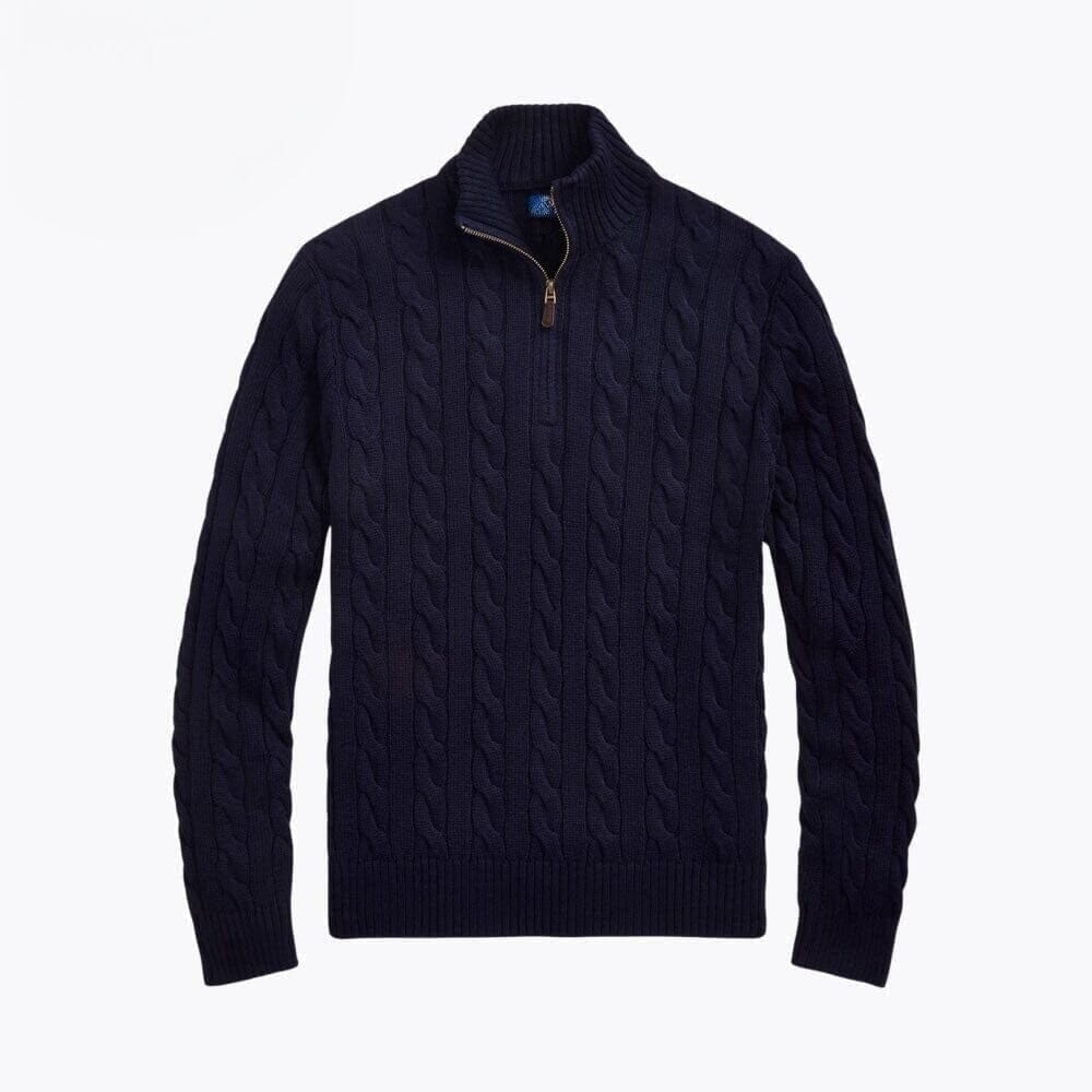 Chunky Knit Cotton-Sweater with Cable Knit and Quarter-Zipper