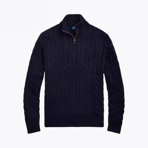 Chunky Knit Cotton-Sweater with Cable Knit and Quarter-Zipper