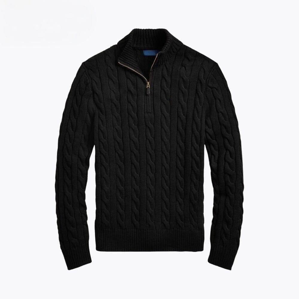 Chunky Knit Cotton-Sweater with Cable Knit and Quarter-Zipper
