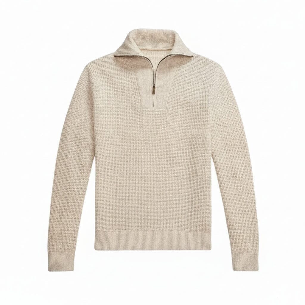Waffle Knit Wool-Cotton Sweater with Quarter Zip