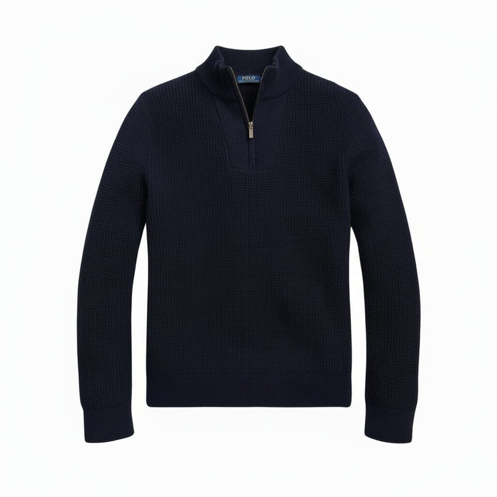 Waffle Knit Wool-Cotton Sweater with Quarter Zip