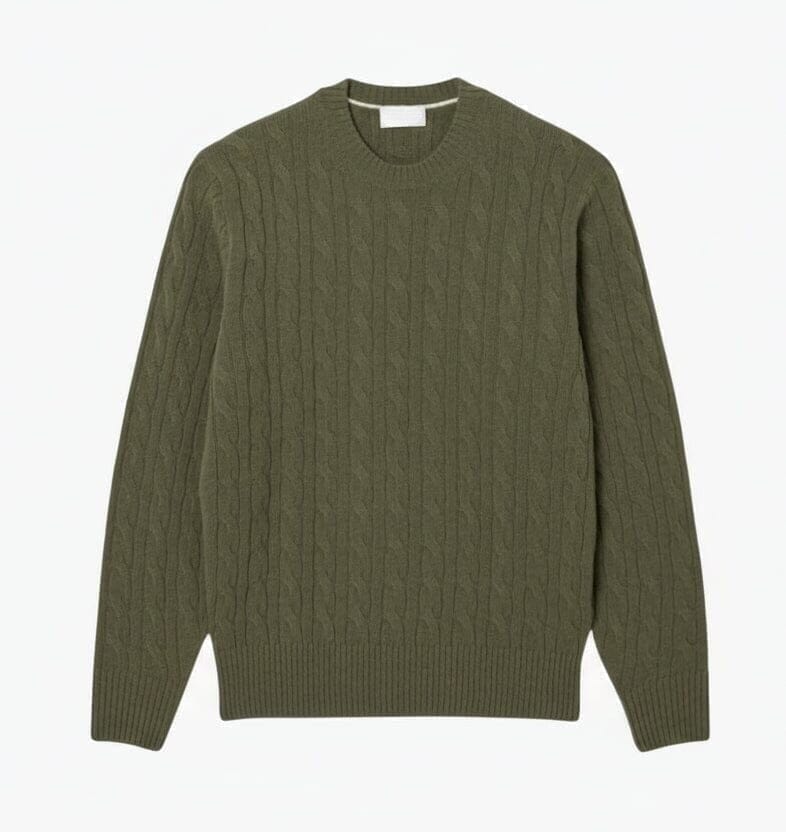 Cable Knit Sweater in Combed Wool with Crew Neck